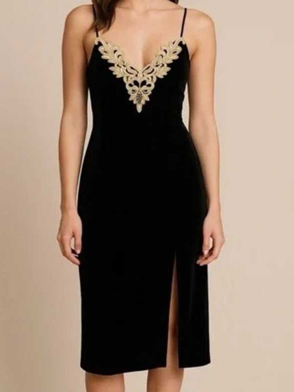 VNTG | Velvet Applique Slip Dress with Slit (size medium)